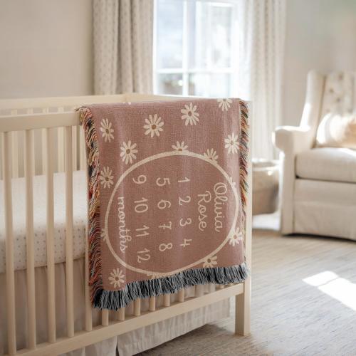 Personalized Baby Girl Milestone Blanket Customized Name Blanket Newborn Girl Age Blanket Custom Wildflower Milestone Blanket Woven Cotton