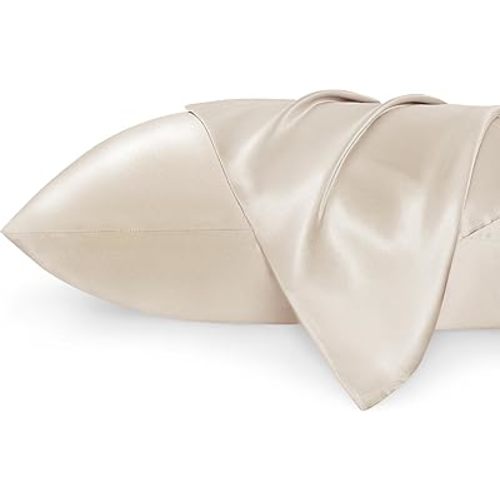 Bedsure Satin Pillowcases, Similar to Silk Pillow Cases Queen Size Set of 2, Cooling Pillow Case for Sleeping Women with Envelope Closure, Gifts for Women Men, Beige, 20x30 Inches, 2pcs
