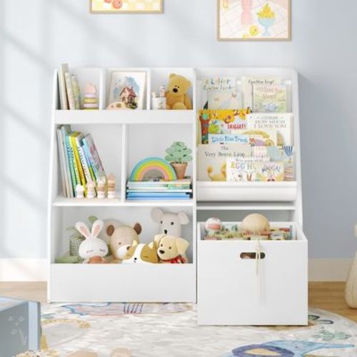 Arceso 4 in 1 Kids Bookshelf and Toy Storage Organizer, 3-Tier Toy Organizers with Removable Toy Bin, Toddler Sling Bookshelf with Storage Cubbies