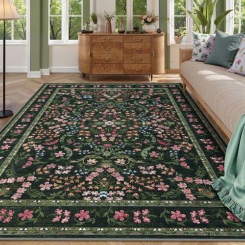 Washable Area Rug, Boho Floral Soft Rugs for Living Room, Non Slip Low Pile Carpet for Bedroom, Dining Room, Nursery, Hallway