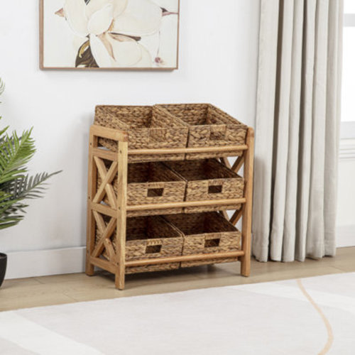 3 Tier Wood Frame Storage Stand With 6 Woven Water Hyacinth Baskets | Wayfair
