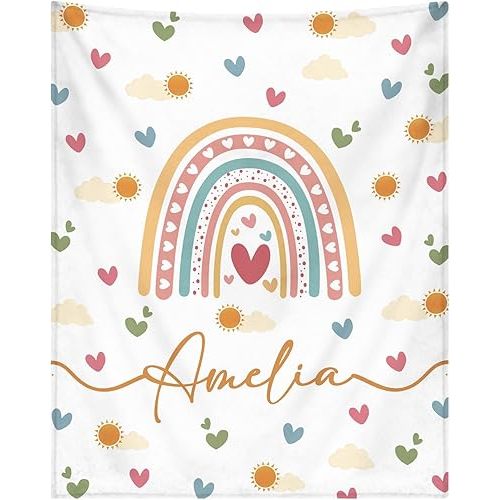 Personalized Baby Blankets for Girls Women Custom Boho Style Baby Blanket with Rainbow Personalized Baby Girl Blanket with Name Customized Gift for Adult Expecting Mom Baby Shower Birthday Gifts