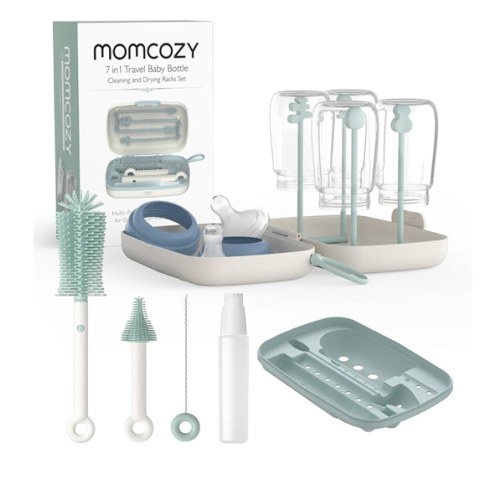 Momcozy Bottle Brush Set - Baby Bottle Cleaner Kit with Silicone Brush, Nipple Brush, Straw Brush, Soap Dispenser, Drying Rack - 7 in 1 Bottle Cleaning Tool for Home and Travel, Green