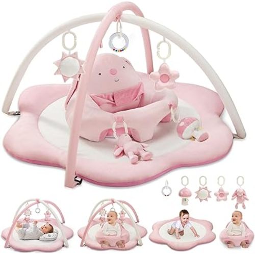 3-in-1 Baby Play Mat, Baby Seats for Infants for Sitting Up, Tummy Time Mat with 5 Detachable Toys, Activity Gym & Playmats for Babies 0-6 6-12 Months, Newborn Babies Shower Gifts