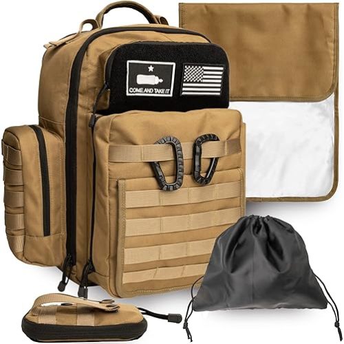 Tan Dad Diaper Bag - Molle-Style Military Diaper Backpack Made of Rugged 900D Waterproof Polyester with Wider Extra-Long Straps, Pouch for Dirty Diapers, Baby Wipes Dispenser & Insulated Pockets