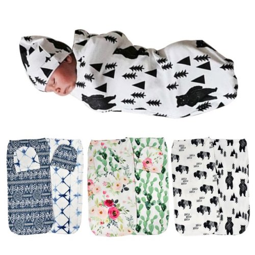 Windfall 2Pcs/Set Newborn Receiving Blanket Babys Swaddle Receiving Blankets for Girls Boys Baby Boy Girls Floral Stretch Sleeping Swaddle Blanket Hat Head Wrap
