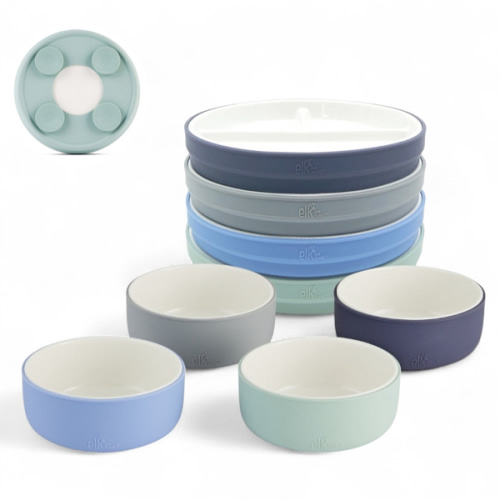 Kids Porcelain Mealtime Bundle | Suction Sleeves | 7.8" Plates + Bowls | 8 Pcs | Sage/Misty Blue/Navy/Gray