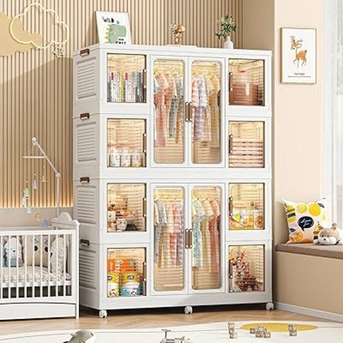 Leavader Portable Wardrobe Closet Storage Organizer with Magnetic Transparent Doors, Plastic Wardrobe Storage Cabinet for Living Room, Bedroom, Quick Assembly (8 Cubes + 2 Hanging Rod)