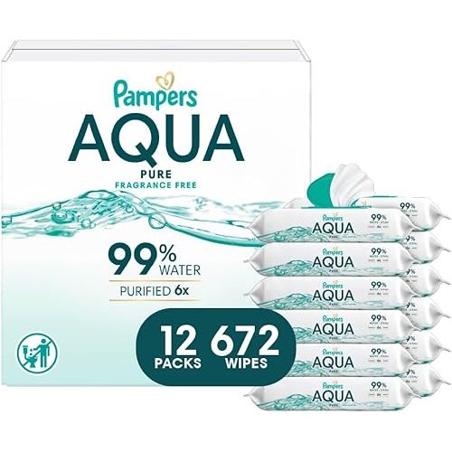Pampers Baby Wipes Aqua Pure, 99% water-based wipes, Hypoallergenic and Unscented Baby Wipes, 672 Wipes Total (12 Flip-Top Packs)