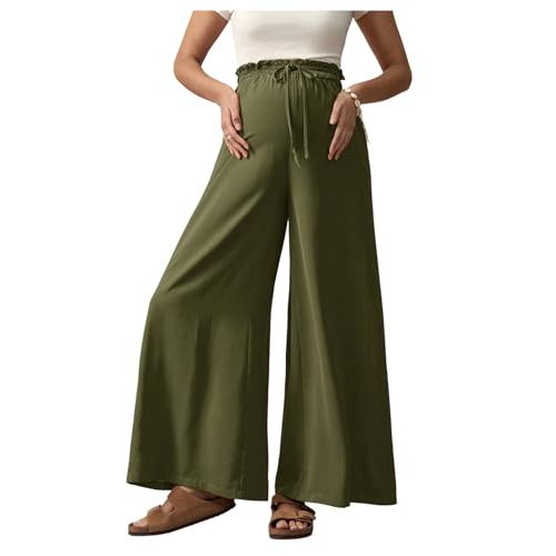 BEAUDRM Women's Maternity Elastic High Waist Pants Knot Front Wide Leg Pregnancy Pants