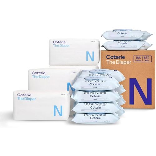 Coterie Baby Wipes + Diapers Kit, Size Newborn Diapers (186 Count) & 12 Pack (672 Count) Baby Wipes with 99% Water, Plant Based Materials, Hypoallergenic for Sensitive Skin