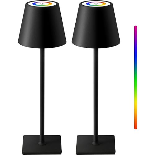 KDG 2 Pack Cordless Table Lamp, RGB Color Stepless Dimming Up, 4000mAh Battery Operated Portable LED Desk Lamp, for Dinning Room, Bedroom, Bar, Outdoor Garden, Camping, Night Light (Black)