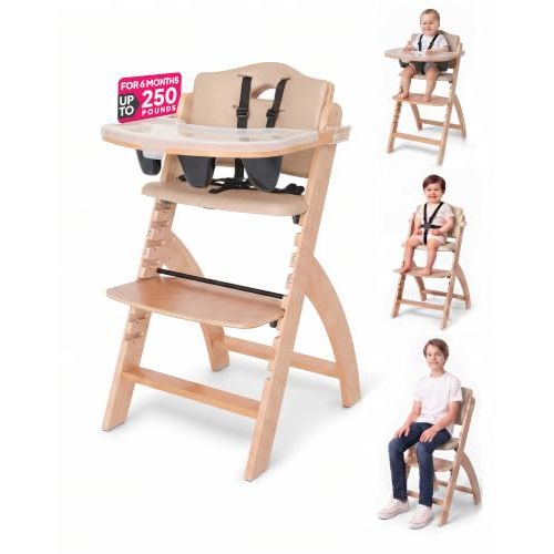 Abiie Beyond Junior Convertible Wooden High Chair with Removable Tray | Adjustable Highchair for Babies & Toddlers, Grow With Me, 6 Months to 250 lbs, Water Resistant, Natural Wood w/ Beige Cushion