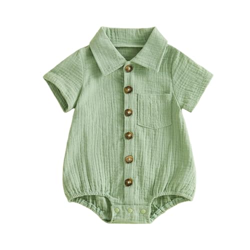 Karuedoo Infant Baby Boy Summer Clothes Muslin Button Up Shirt Bodysuit Short Sleeve Collared Bubble Romper One Piece Outfit