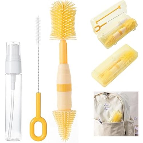 Travel Bottle Brush, 6-in-1 Portable Travel Bottle Cleaner Kit with Small Bottle Brush Built in Drying Rack, Nipple Brush, Straw Brush, Soap Dispenser, for Baby Bottles Under 8 OZ, BPA-Free(Yellow)