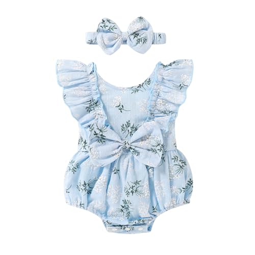 YOUNGER TREE Newborn Baby Girl Clothes Ruffle Sleeve Rompers Infant Backless Floral Jumpsuit Summer Outfits with Headband