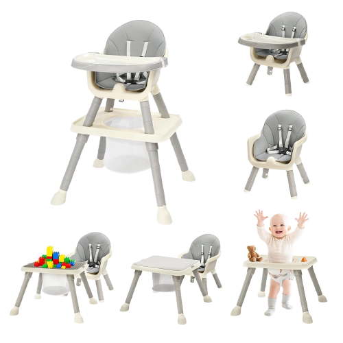Zimtown Baby High Chair, 6 in 1 Convertible High Chairs for Babies and Toddlers, Portable Feeding Chair with 5-Point Safety Harness, Adjustable Dining Tray, Light Gray
