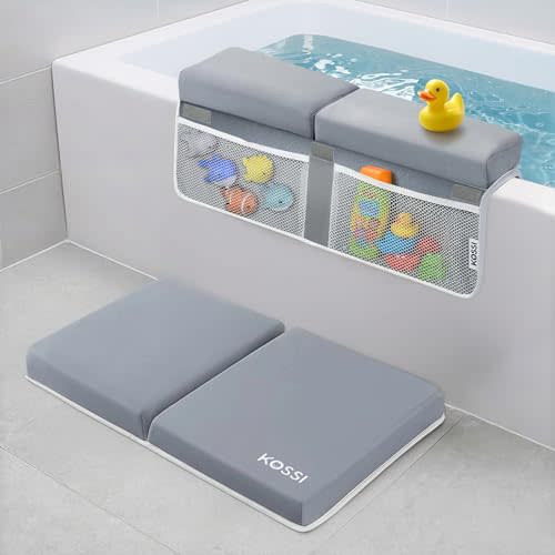 Bath Kneeler and Elbow Rest Pad Set - 1.5" Thick Comfortable and Painless Foam Mat - Baby Bath Kneeling Pad with Toy Organizer Pockets - Quick Drying, Foldable, Non-Slip for Baby and Toddler Bathing