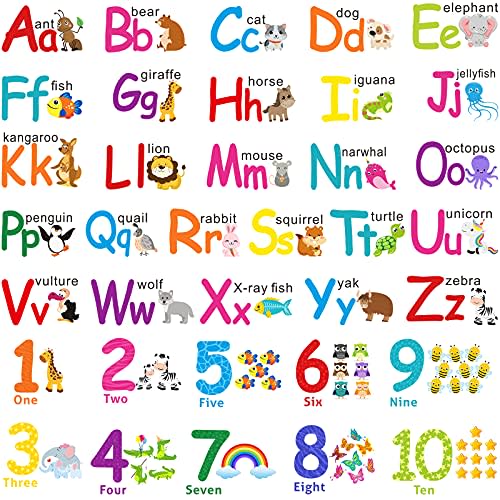 Gersoniel 6 Sheets ABC Alphabet Classroom Wall Decals Large Educational Letter Stickers for Toddler Cartoon Animal Wall Decor Kid Room Classroom School Supplies Removable Number Decal Nursery