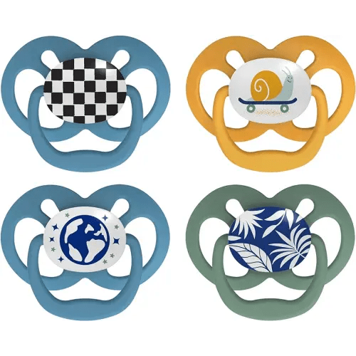 Dr. Brown's Advantage Glow-in-The-Dark Baby Pacifier, Fully Symmetrical Soother with Soft Silicone Bulb, Skateboard Snail-Blue Nature, 6-18m, BPA Free, 4 Pack