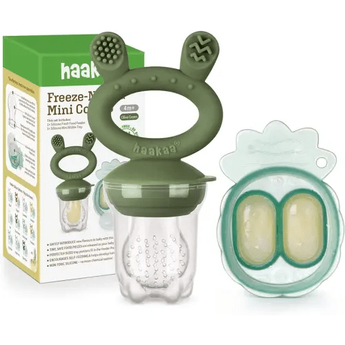 Haakaa Baby Fruit Food Feeder & Mini Freezer Nibble Tray Combo, Breastmilk Popsicle Molds for Baby Cooling Relief, BPA Free Silicone Feeder for Safe Infant Self Feeding, 4 Month+(Olive Green)