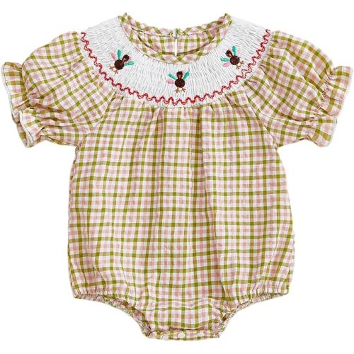 Newborn Baby Girl Smocked Thanksgiving Outfit Infant Plaid Bubble Romper Embroidery Turkey Fall Clothes