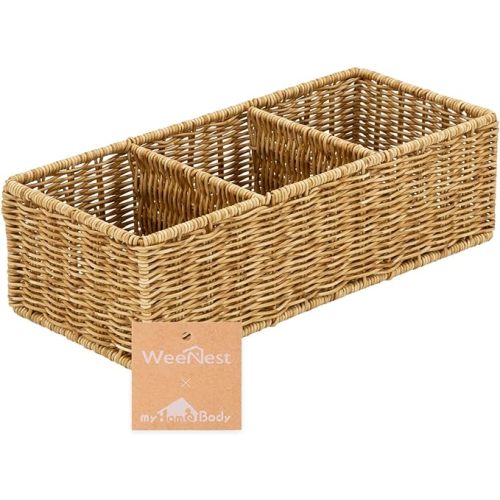 myHomeBody Wicker Basket With 3 Compartments, For Toilet Tank Paper Rolls, Hand Woven Bathroom Countertop Organizer, Bedroom Organization, 1pc, Tan