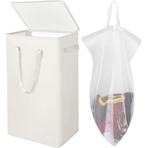 Odonata 75L Slim Laundry Hamper with Lid,Large Foldable Laundry Basket with Removable Bag and Handles Tall Collapsible Dirty Clothes Basket Great for Bedroom, Bathroom, Dorm, College,RV. (Beige, 75L)