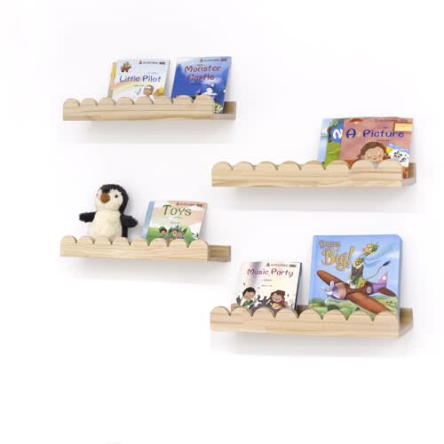 icnjdMopclean Scalloped Shelves for Nursery - Wall Book Shelves for Bedroom Kids, Nursery Bookshelf for Wall Set of 4, Floating Book Shelves Solid Wood,16 Inch, Natural