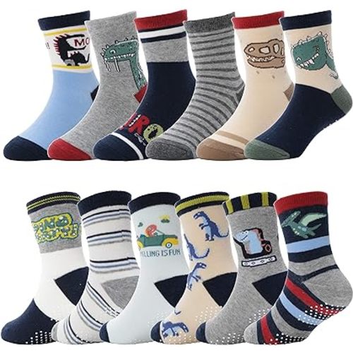 ANTSANG Baby Boys Grips Socks, Kids Toddlers Infants Crew Cotton Socks
