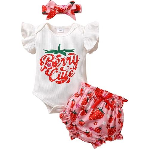 Tiny Cutey Baby Girl Clothes Infant Summer Outfits Set Ruffle Sleeve Romper and Floral Shorts with Headband