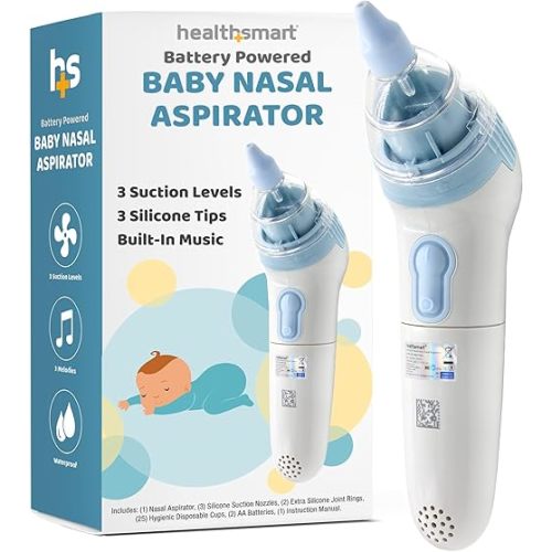 HealthSmart Nasal Aspirator for Baby – Perfect Gift for Moms & Baby Registry -3 Suction Levels, 3 Silicone Tips, Ergonomic Electric Nose Sucker with Built-in Nursery Rhymes