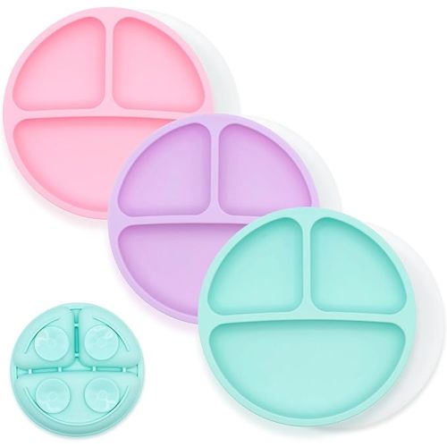 WeeSprout Suction Plates for Babies With Lids & Toddlers - 100% Silicone, Dinnerware Stays Put, Divided Design for Picky Eaters, Microwave & Dishwasher Friendly, 3 Pack