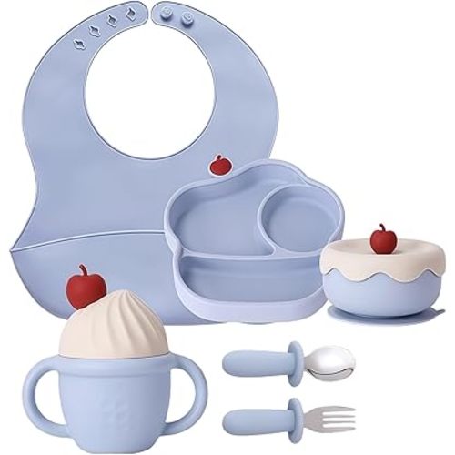 Silicone Baby Feeding Set, Gelato Collection Baby Led Weaning Supplies, First Self-Feeding Ice Cream Set, Silicone Suction Bowl with Cherry Lid & Plate, Straw Cup & Bib, Fork & Spoon