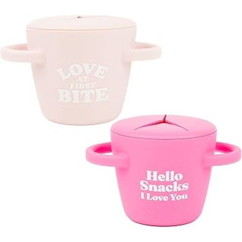Bella Tunno Snack Cups for Toddlers, Set of 2 Silicone Spill Proof Food Containers with Lids, Babies & Kids 6-12 Months, Love at First Bite & Hello Snacks