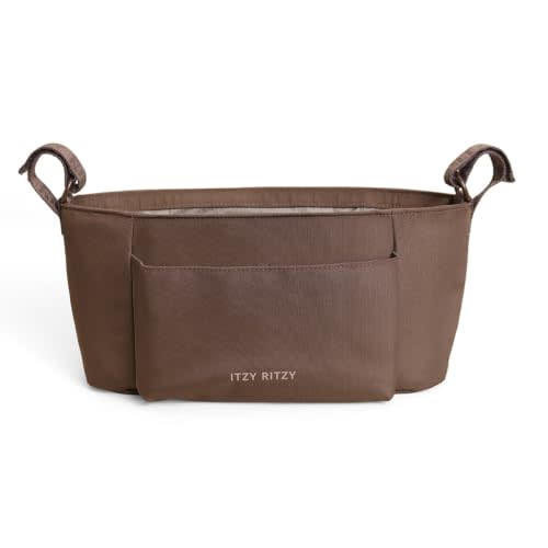 Itzy Ritzy Carry All Stroller Caddy (Mocha) | Lightweight, adjustable straps, two bottle pockets, easy-access front pocket, use on stroller or wagon