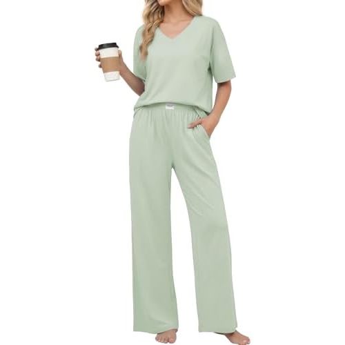 Ekouaer Womens Pajama Sets Cotton Short Sleeve Sleepwear Long Pants Lounge Set Soft Pjs with Pockets S-XXL
