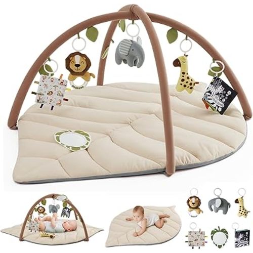 Blissful Diary Baby Play Gym & Activity Mat, Leaf Shaped Baby Tummy Time Play Mat with 6 Detachable Toys, Promotes Motor Skills & Sensory Development, Oatmeal Beige