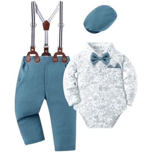 Baby Boy Outfits Suits Infant Formal Dress Clothes Gentleman Wedding Print Shirt+Beret Hat+Suspender Pants+Bowtie