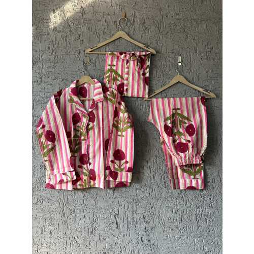 Handmade Cotton Pajama Set: Block Print Boho Loungewear with Pouch