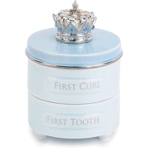 DEMDACO Blue Prince Crown First Tooth & Curl Keepsake Box - Baby Milestone Box for First Tooth & Curl - Ceramic Compartments - Decorative & Elegant - Ceramic - Baby Shower