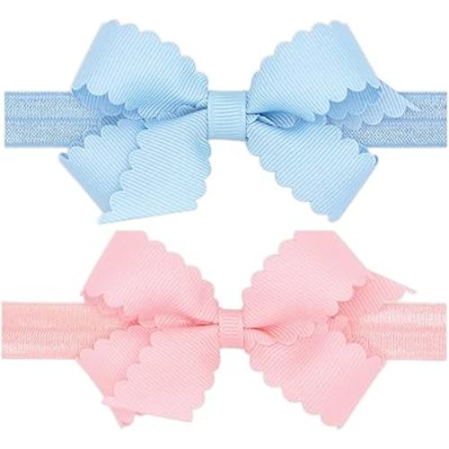 Wee Ones Girls Two Mini Scallop Bows With Bands, Mini, Millenium Blue and Light Pink
