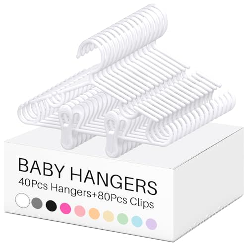Hsei Nursery Hangers with Clips for Kids Baby Pants Hangers 10/20/40 Newborn Plastic Hanger with 20/40/80 Clip for Closet Toddler Clothes Coat Skirts Socks(White,120 Packs)