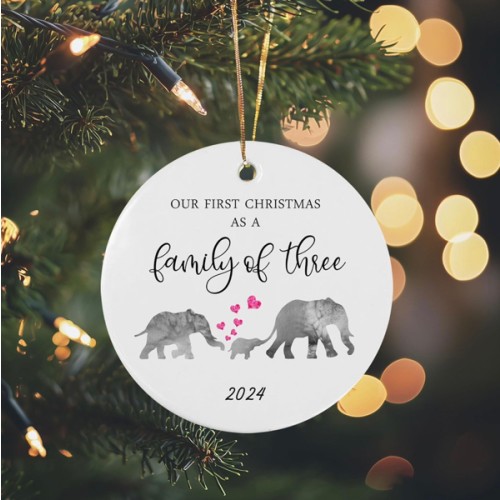 Our First Christmas as a Family of 3 Elephant 2024 Christmas Ornament Growing Family of 3 Baby Shower Gift Mama Papa Baby New Parents Present Family Circle Ceramic with Gift Box (Family of 3)