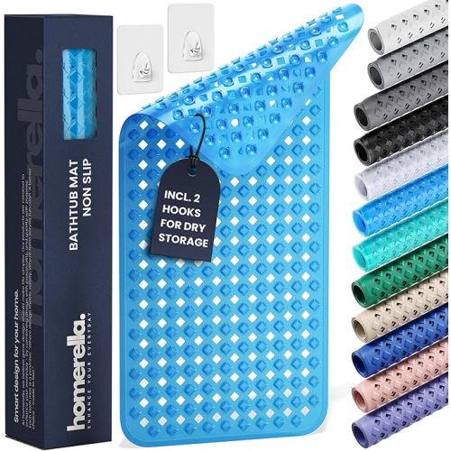 Bathtub Mat Non Slip 35x16 - homerella® Bath Mat Incl. Hooks for Drying, Extra Long, 100% BPA Free, Shower Mat Non Slip Anti Mold, Machine Washable, Shower Mats for Inside Shower Mildew Resistant