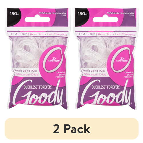 (2 pack) Goody Ouchless Forever Polyband Hair Ties, Clear Elastic Bands, All Hair Types, 150 Ct