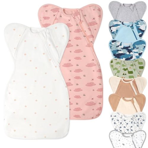 Baby Sleep Sacks Swaddles for Newborn 0-3 Months Arms Up Swaddle Blanket 2 Packs Cotton, Hands Up 3-Way Transitions to Arms-Free Wearable Sleeping Sack Bag for Boys Girls Snug Fit Calms Startle Reflex