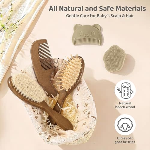 5 Piece Baby Hair Brush Set, Wooden Baby Brush and Comb Set with Natural Soft Goat Hair Bristles, Cradle Cap Brush, Baby Essentials Grooming Kit for Boy Girl