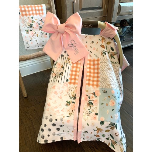 Baby Car Seat Canopy Cover in Boho Floral - Pink - All Cotton or Minky - Jumbo Bow Incl - Baby Girl - Shower Gift