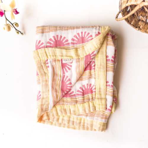 Pink Sunset Baby Blanket | 6 Layer 100% Organic Bamboo Cotton Muslin | Coastal Cowgirl Nursery Decor